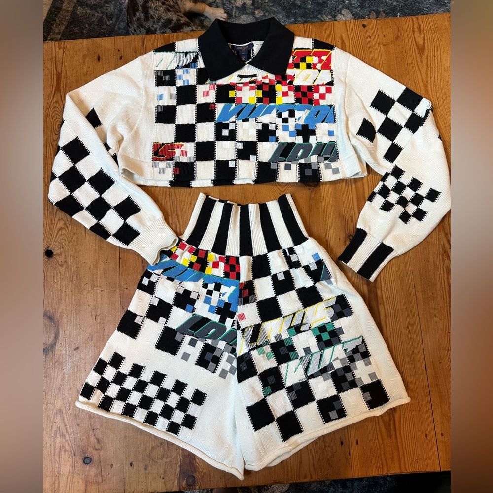 Louis Vuitton knit crop sweater and knit high waisted shorts